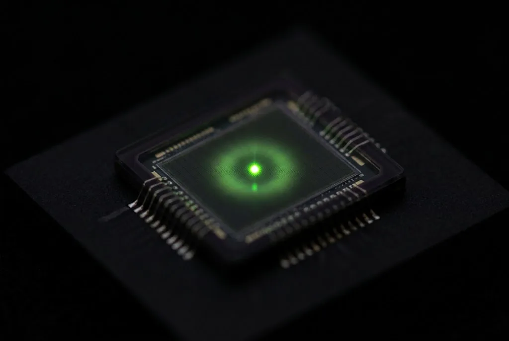 A single green photon striking a small dark sensor and blooming into light at the point of contact