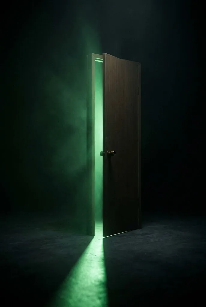 A single door standing alone in darkness, ajar, green light spilling through the gap