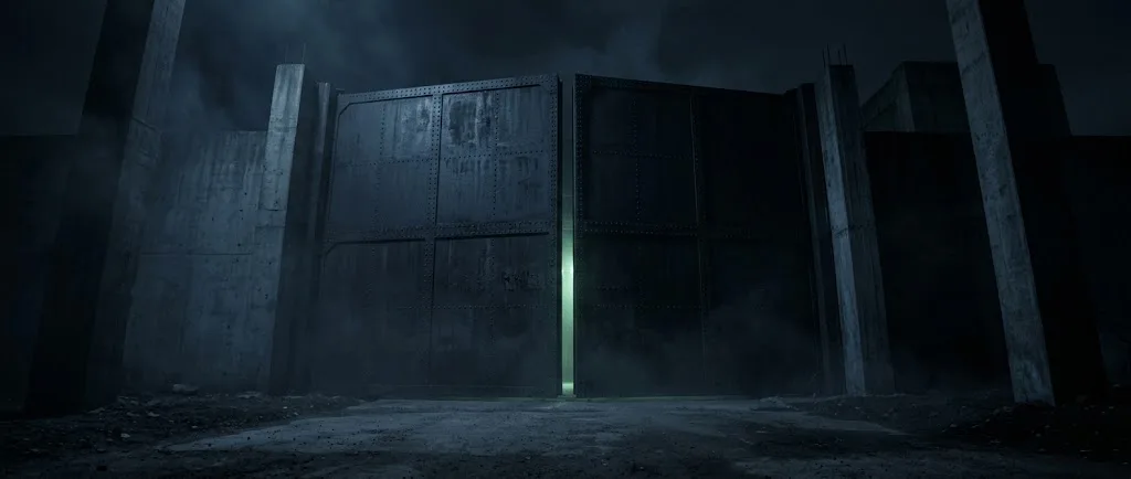 Towering iron factory gates at night, closed, green light leaking through the seam