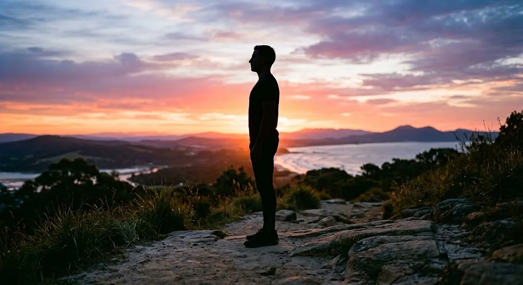 A person standing alone on a headland at sunset, looking out over water