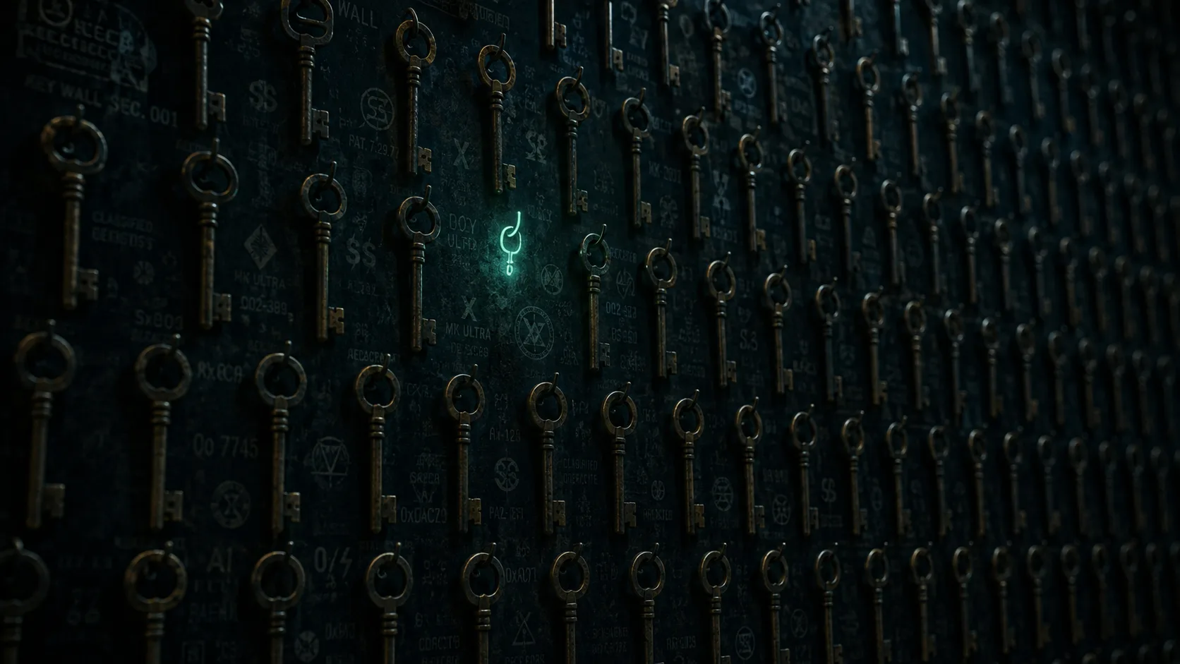 A dark wall covered in hundreds of identical brass keys on hooks, one empty hook glowing green