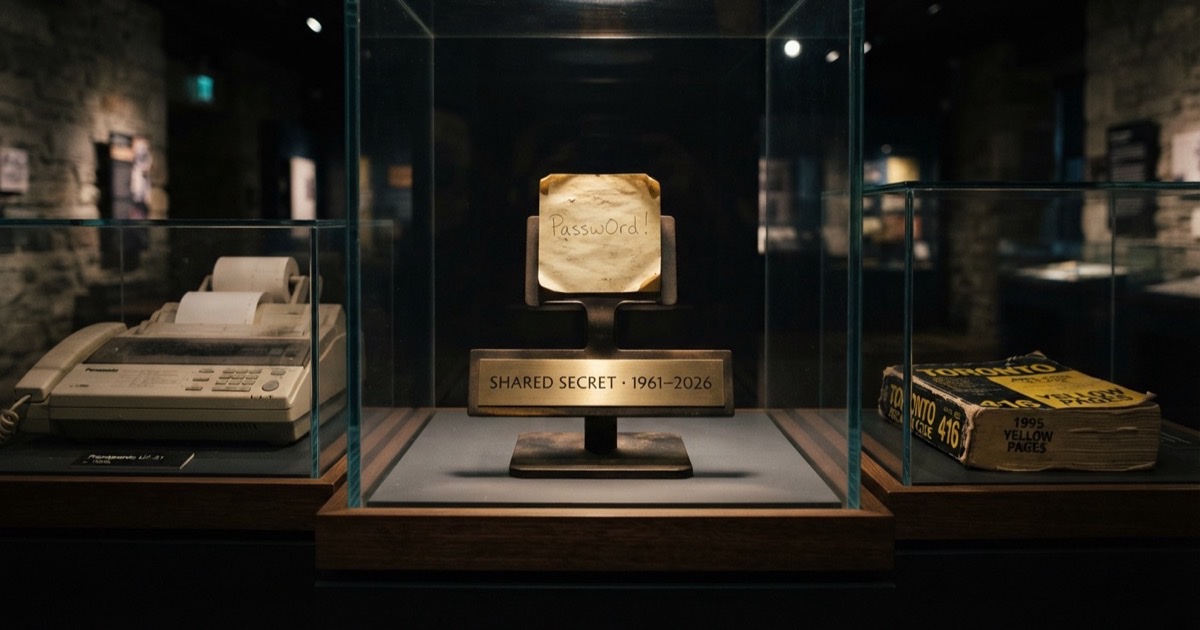 A museum vitrine holding a yellowed sticky note reading Passw0rd!, brass plaque beneath: SHARED SECRET 1961-2026. A fax machine and a phone book rest in the neighboring cases.