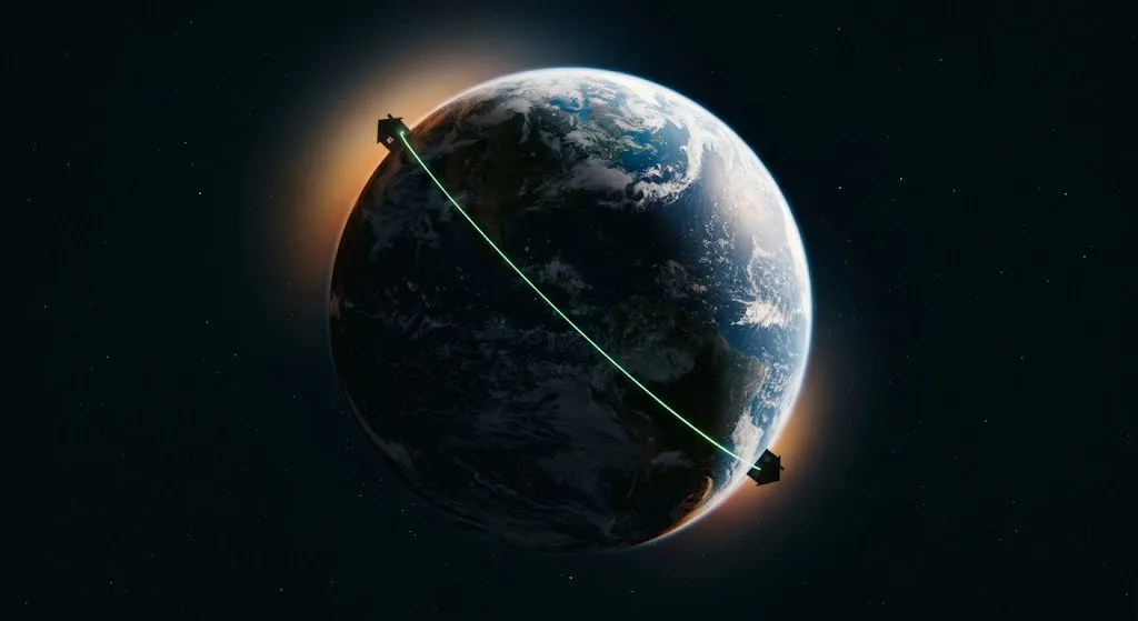 Earth seen from space, two small houses on opposite sides of the planet, one thin green line connecting them directly through the dark