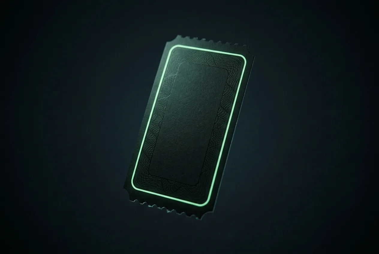 A matte black admission ticket with a thin glowing green border and engraved guilloche, its face blank